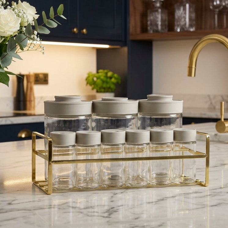 Luxury 9-Piece Glass Spice Jar Set with Gold Wire Display Stand
