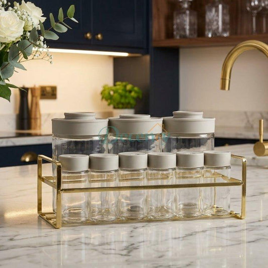 Luxury 9-Piece Glass Spice Jar Set with Gold Wire Display Stand