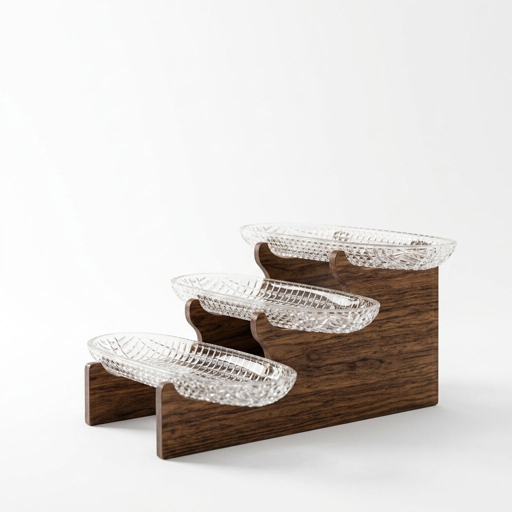 Luxury 3-Tier Crystal Glass Serving Tray with Wooden Stand