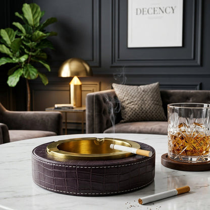 Luxury Leather & Stainless Steel Cigar Ashtray for Home and Office