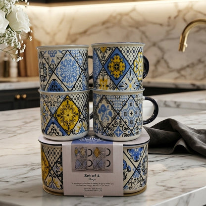 Luxury Printed Ceramic Tea Mugs Set of 4 – Royal Blue & Gold