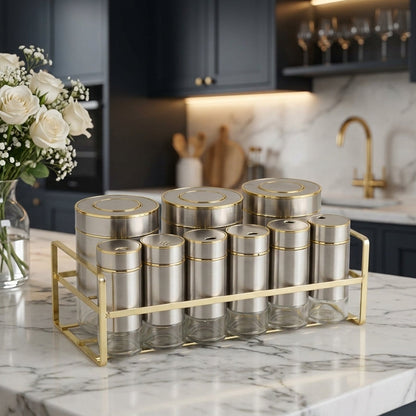 Luxury Stainless Steel Spice Jar Set with Gold Stand & Shakers (9 Pcs)
