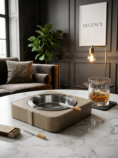 Luxury Leather & Stainless Steel Cigar Ashtray for Home and Office