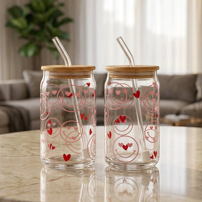 Danny Home 2 Pcs Heart Smiley Glass Can Tumbler Set with Straw