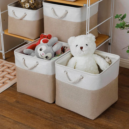 White & Beige Fabric Storage Box Organizer with Handles
