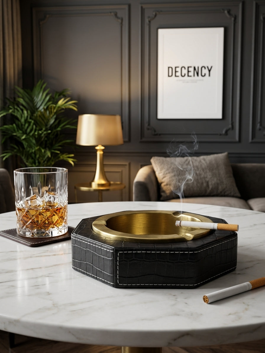 Luxury Leather & Stainless Steel Cigar Ashtray for Home and Office