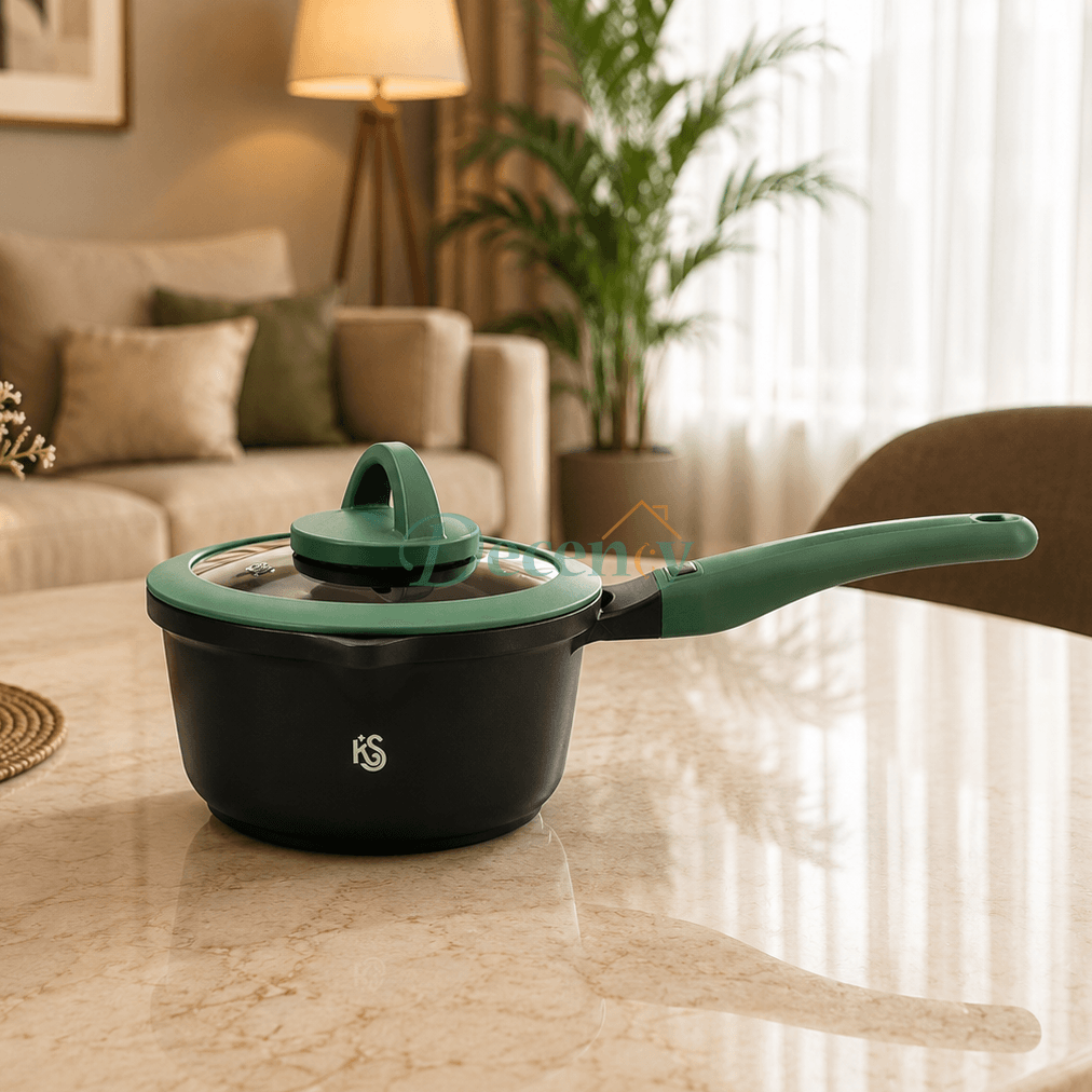 KS Non-Stick Saucepan with Glass Lid – Emerald Green Design