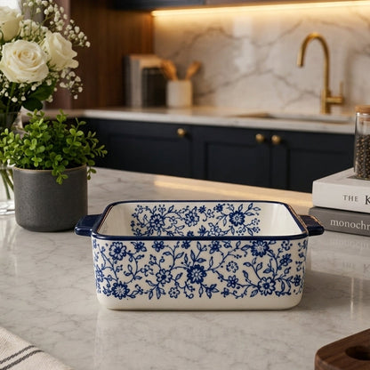 Danny Home 7" Blue Floral Porcelain Baking Dish – Ceramic Bakeware