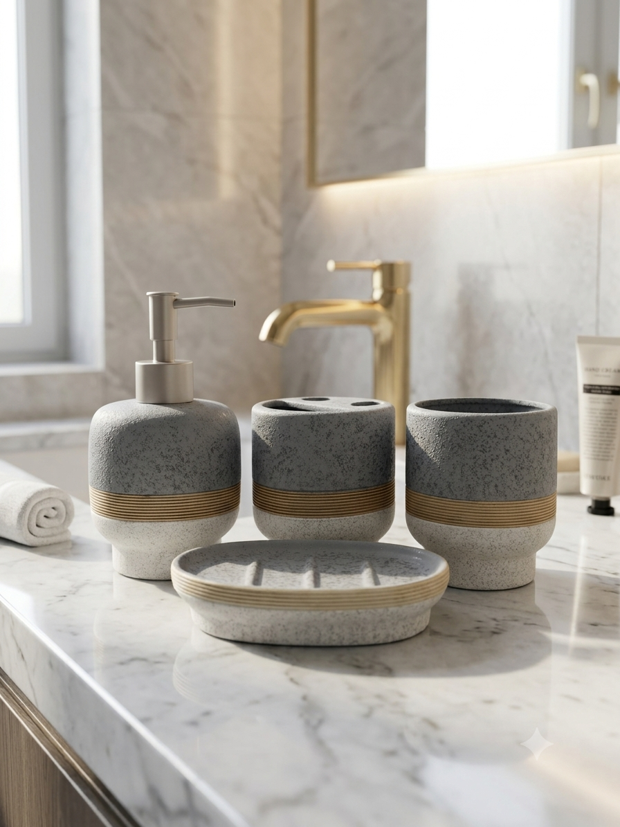 Luxury Ceramic Bathroom Accessories Set - 4 Piece Textured Bath Ensemble