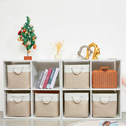 White & Beige Fabric Storage Box Organizer with Handles
