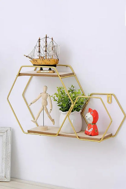 Golden Hexagon Floating Wall Shelf - 2 Tier Metal Storage Rack