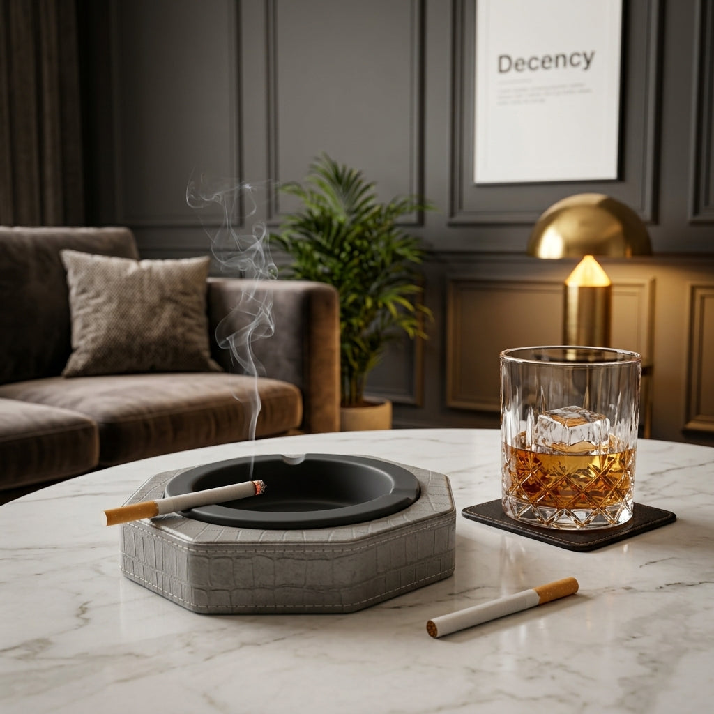 Luxury Leather & Stainless Steel Cigar Ashtray for Home and Office