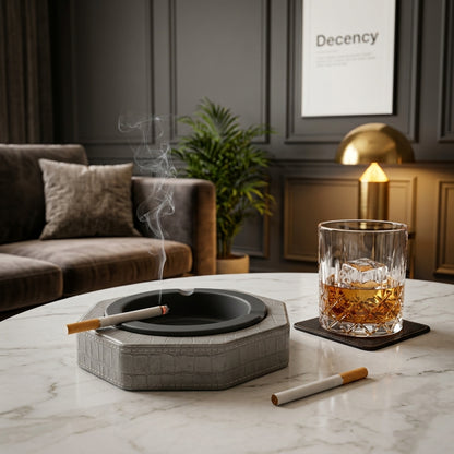 Luxury Leather & Stainless Steel Cigar Ashtray for Home and Office