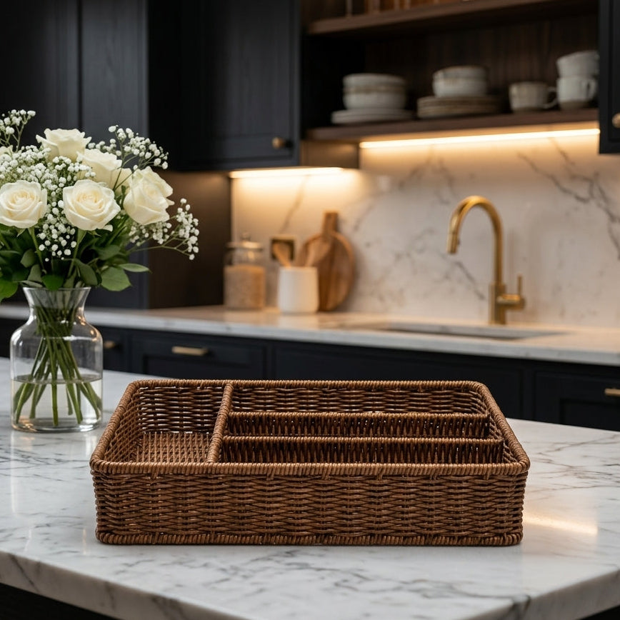 Woven Rattan Cutlery Tray & Drawer Organizer for Kitchen Countertop