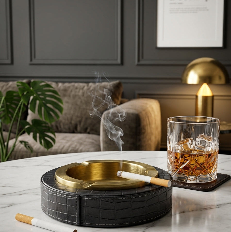Luxury Leather & Stainless Steel Cigar Ashtray for Home and Office