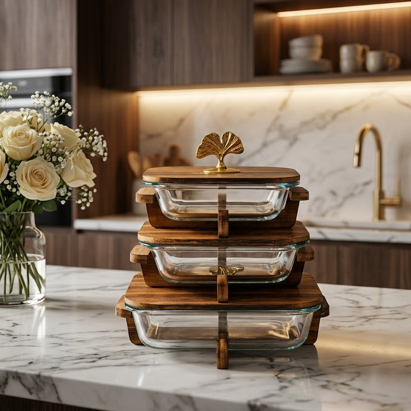 Luxury Glass Casserole Dish Set with Wooden Lid & Stand