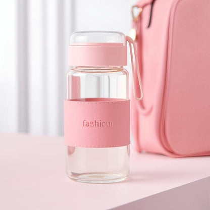 Aesthetic Glass Water Bottle with Leather Sleeve & Handle