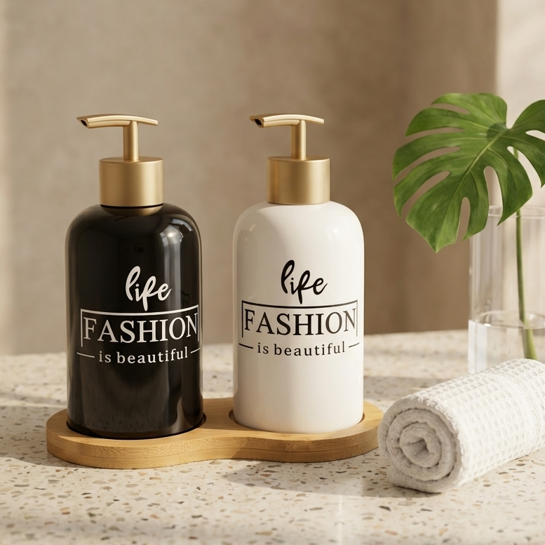 Luxury Black and White Ceramic Liquid Soap Dispenser Set with Tray