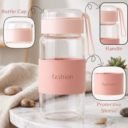 Aesthetic Glass Water Bottle with Leather Sleeve & Handle