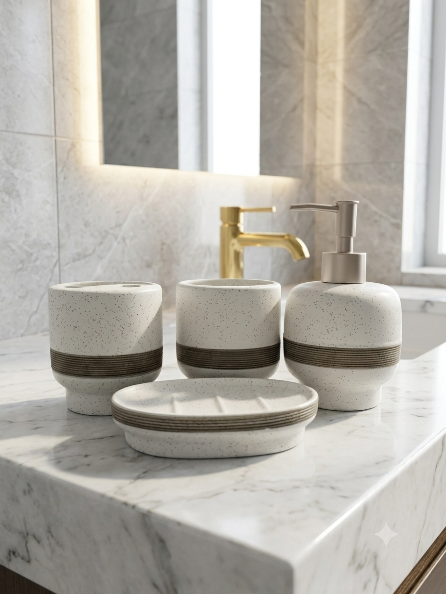 Luxury Ceramic Bathroom Accessories Set - 4 Piece Textured Bath Ensemble