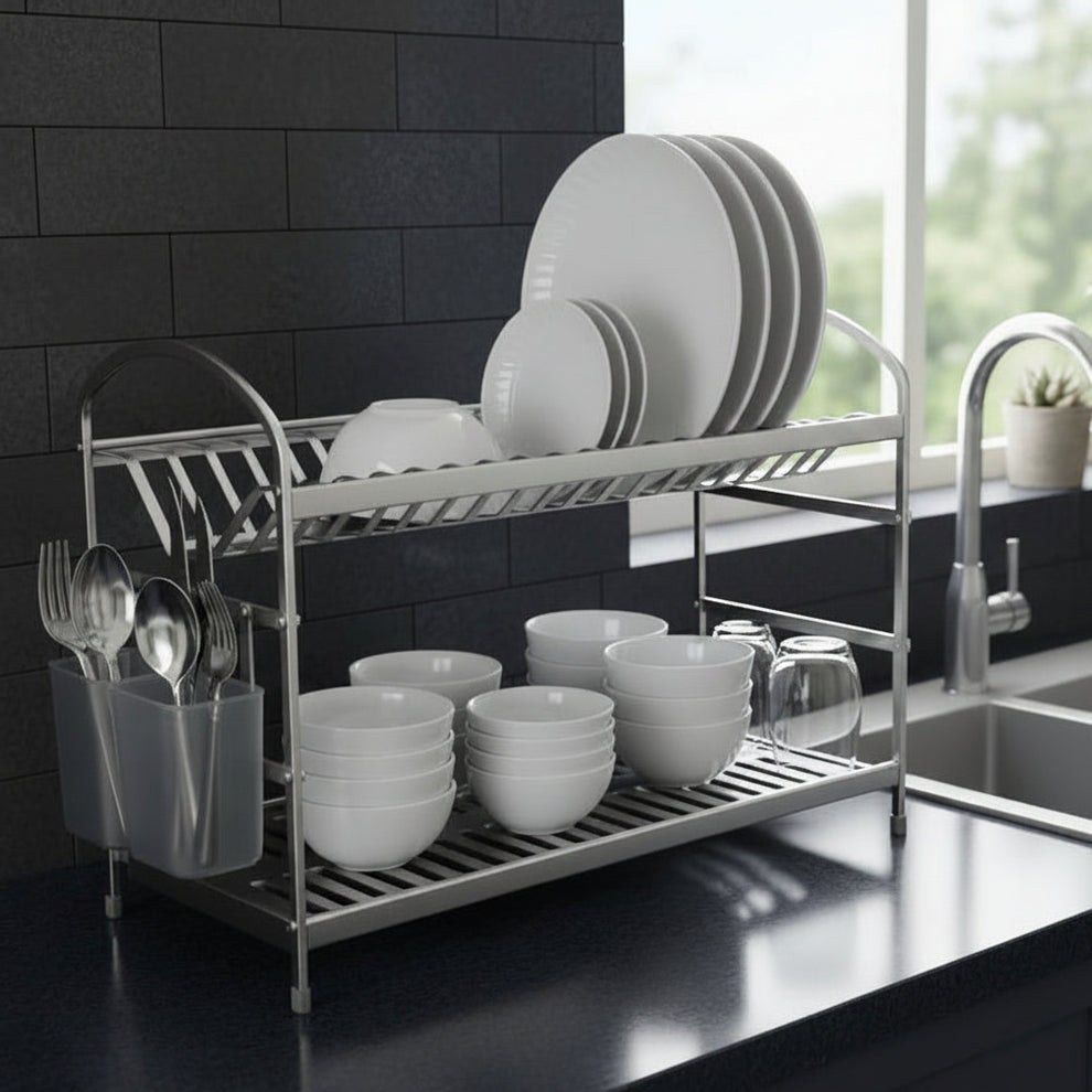 2-Tier Stainless Steel Dish Drying Rack with Cutlery Holder