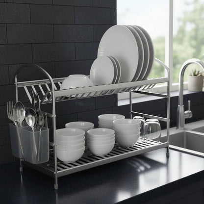 2-Tier Stainless Steel Dish Drying Rack with Cutlery Holder