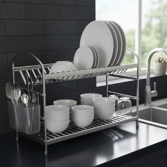 2-Tier Stainless Steel Dish Drying Rack with Cutlery Holder