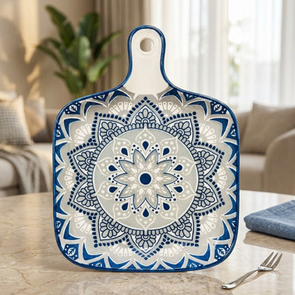 Ceramic Mandala Serving Platter Tray with Handle - Blue & Grey
