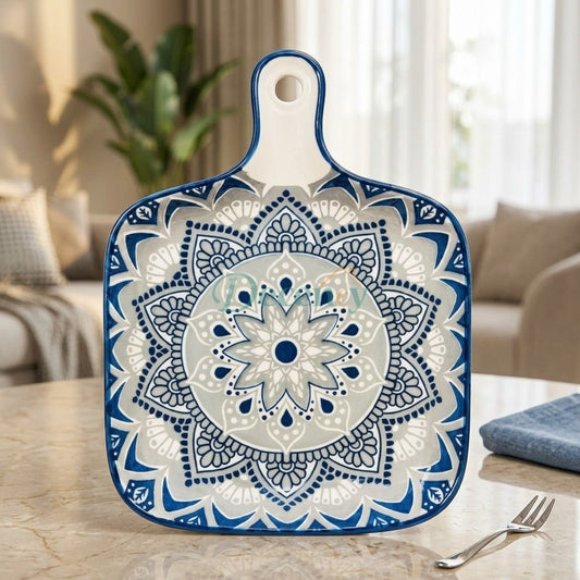 Ceramic Mandala Serving Platter Tray with Handle - Blue & Grey