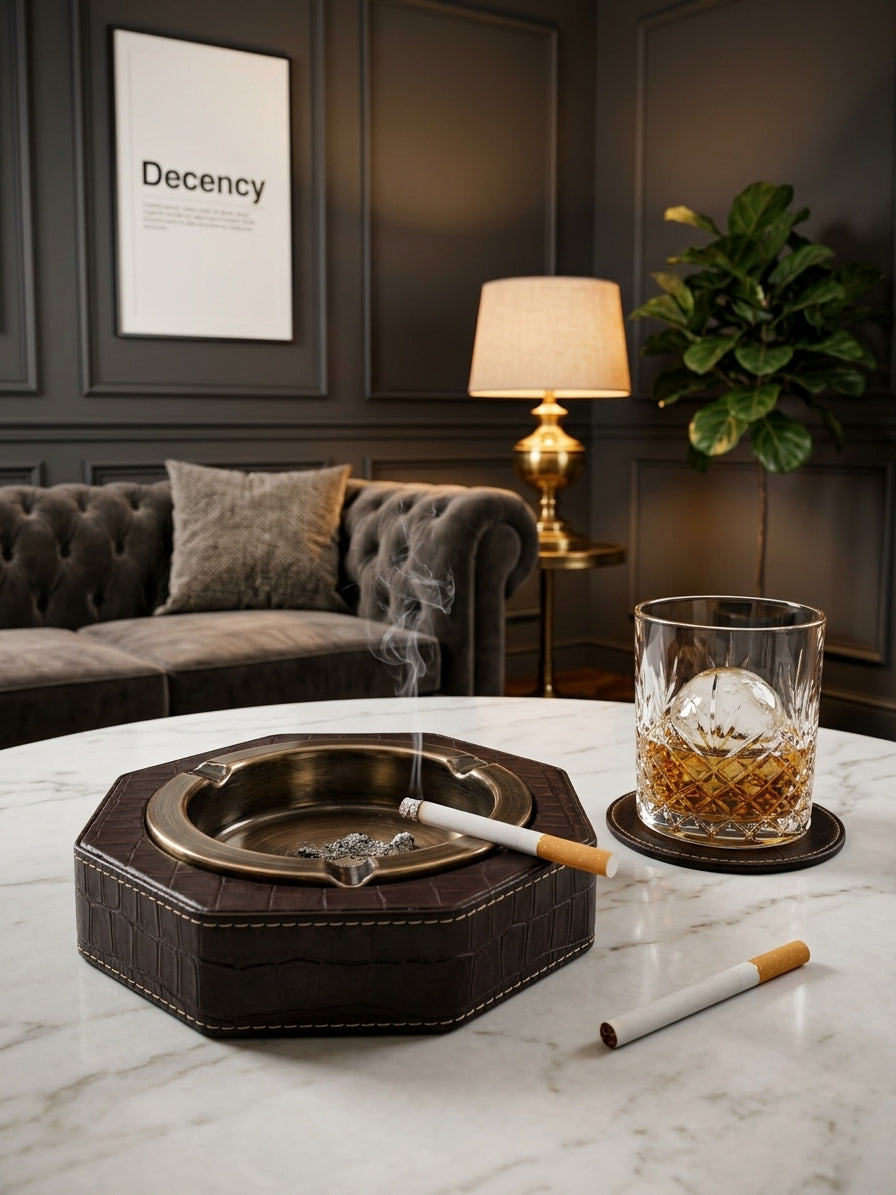 Luxury Leather & Stainless Steel Cigar Ashtray for Home and Office