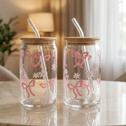 Danny Home 2Pcs Pink Bow Glass Tumbler Set with Bamboo Lid & Straw