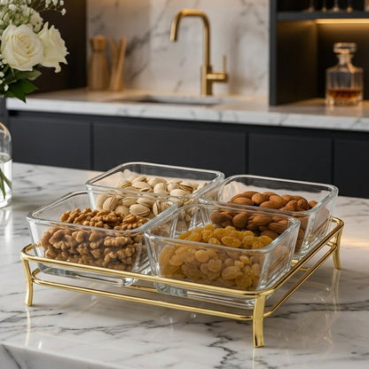 Danny Home 4-Section Glass Dry Fruit & Snack Bowl Set with Metal Stand