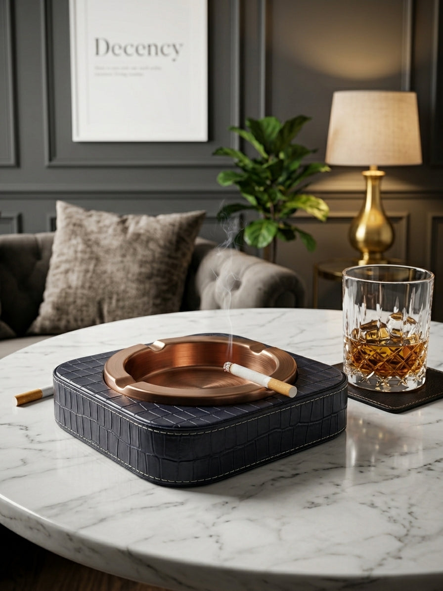 Luxury Leather & Stainless Steel Cigar Ashtray for Home and Office