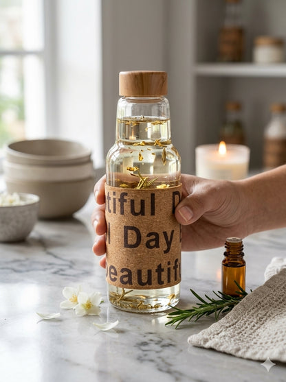 Clear Glass Water Bottle with Cork Sleeve & Wooden Lid