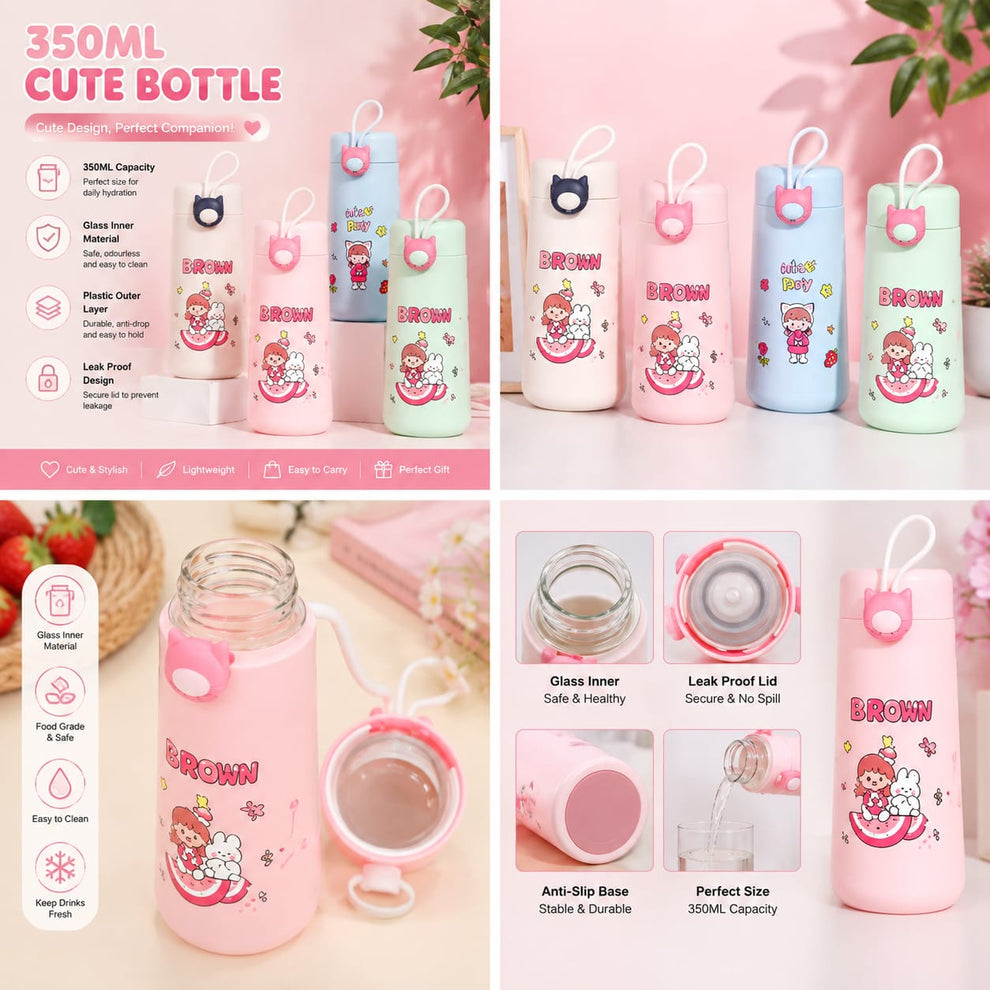 Cute Character Glass Water Bottle 350ml - Leakproof
