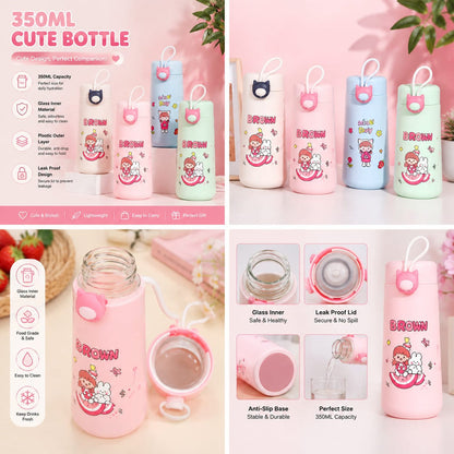 Cute Character Glass Water Bottle 350ml - Leakproof
