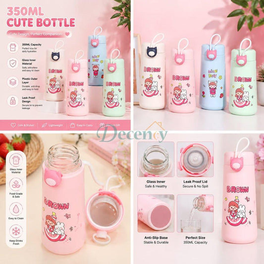 Cute Character Glass Water Bottle 350ml - Leakproof