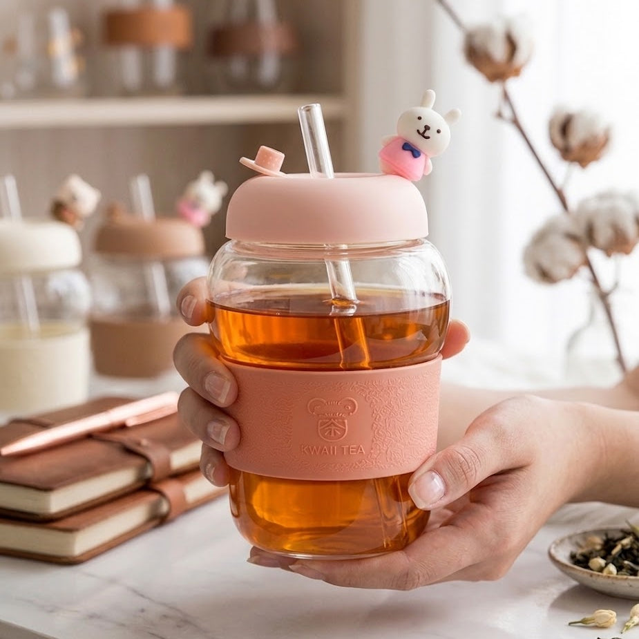 Cute 3D Bear Glass Water Bottle 400ml with Straw & Sleeve