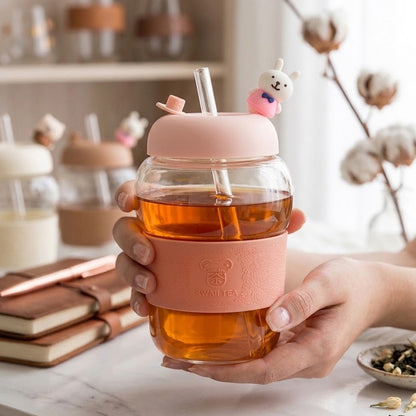 Cute 3D Bear Glass Water Bottle 400ml with Straw & Sleeve