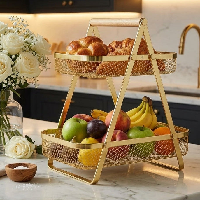 2-Tier Gold Wire Mesh Fruit & Bread Basket with Wooden Handle