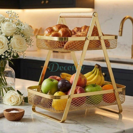 2-Tier Gold Wire Mesh Fruit & Bread Basket with Wooden Handle
