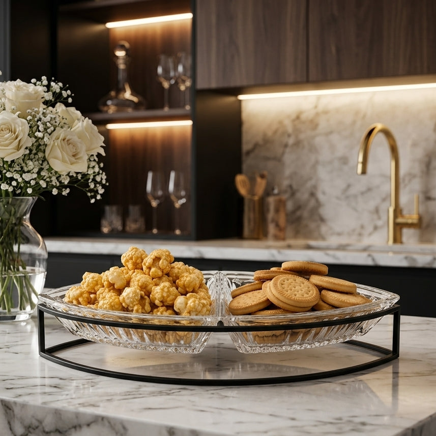 Danny Home 2-Section Glass Snack Bowl Set with Metal Stand
