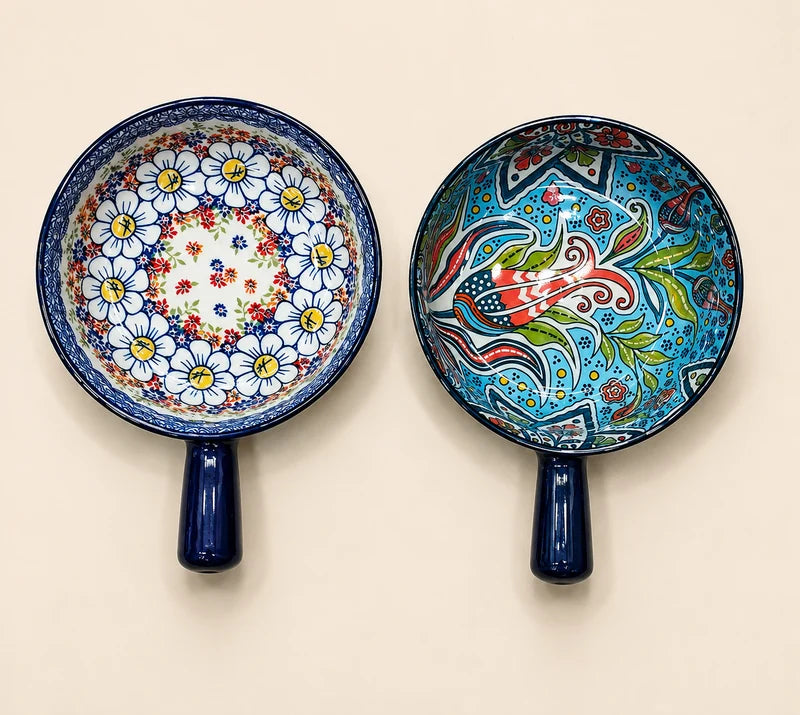 Ceramic Baking Bowl with Handle - Bohemian Hand-Painted Soup Bowl