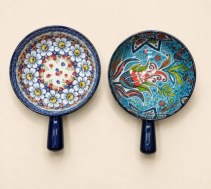 Ceramic Baking Bowl with Handle - Bohemian Hand-Painted Soup Bowl