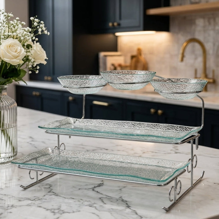 Danny Home Elegant Tiered Glass Serving Tray & Bowl Stand Set