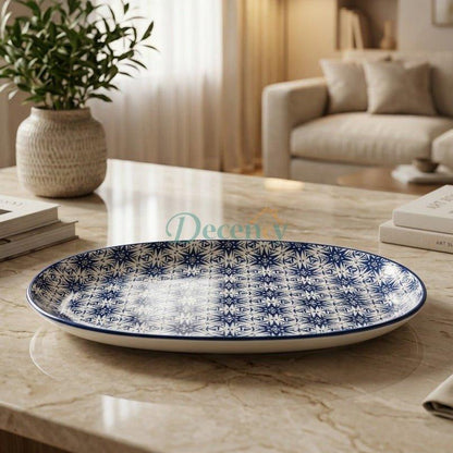 Blue Starburst Geometric Oval Ceramic Serving Platter