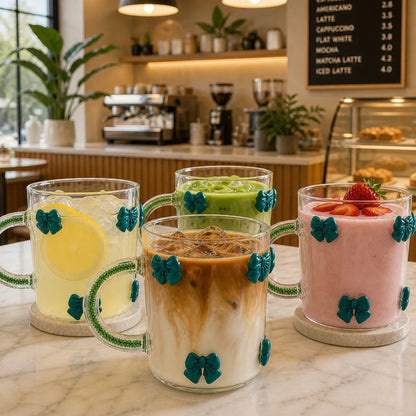 Cute 3D Bow Glass Cup – Aesthetic Clear Mug for Coffee & Tea