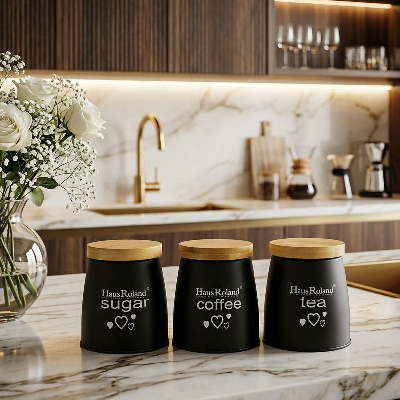Haus Roland 3-Piece Tea Coffee Sugar Canister Set with Wooden Lids