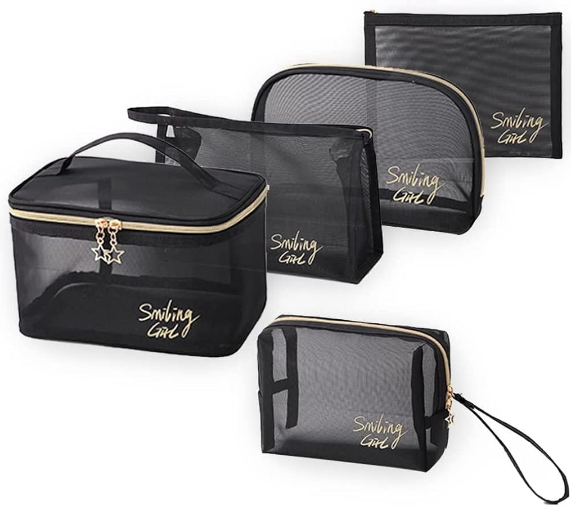 5 Pcs Transparent Cosmetic Bag Set – Black Mesh Makeup Pouch