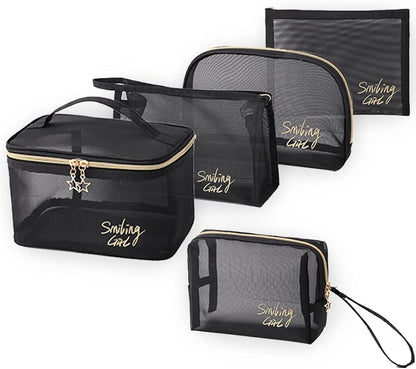 5 Pcs Transparent Cosmetic Bag Set – Black Mesh Makeup Pouch